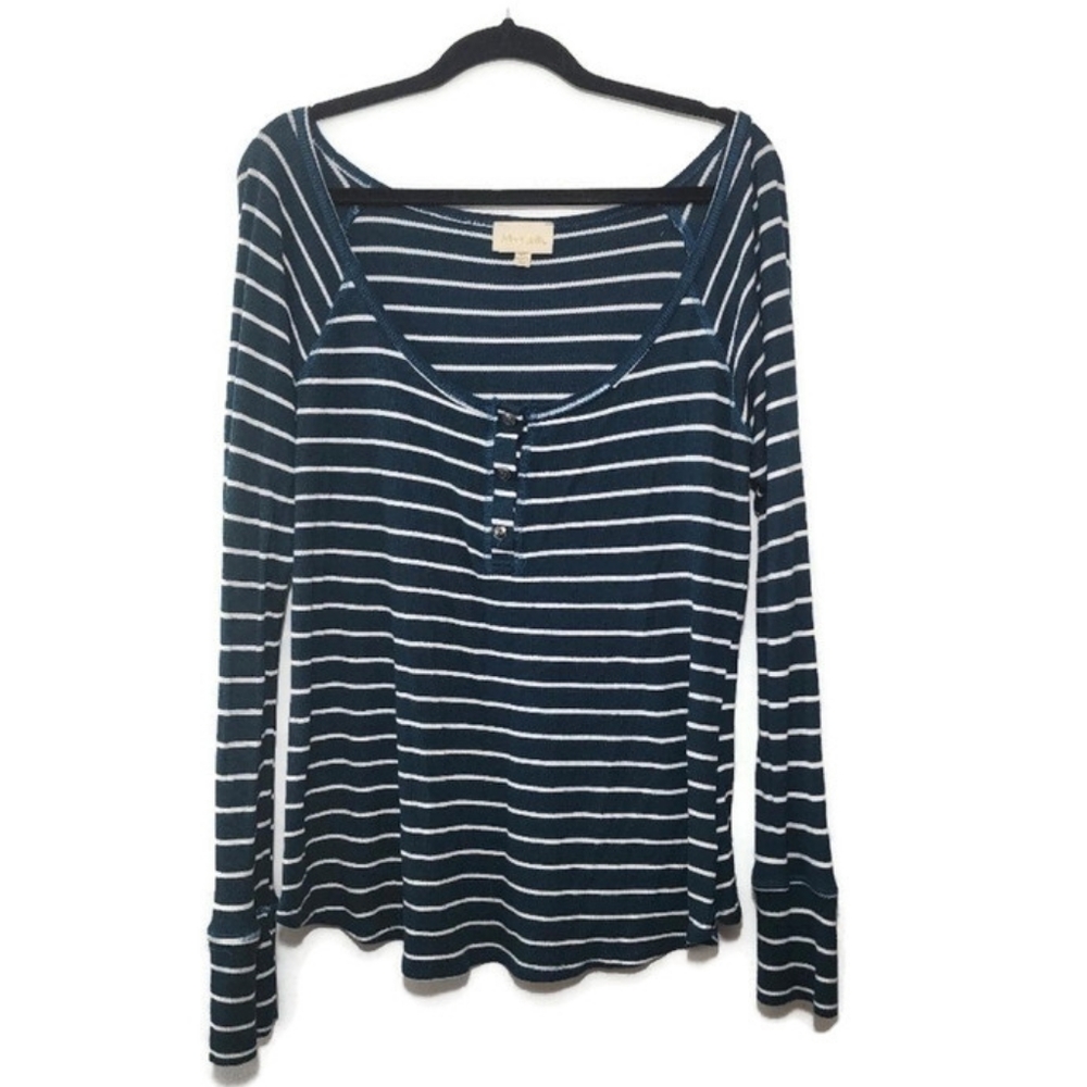 ModCloth Thermal Shirt Henley Knit Striped Thermal Long Sleeves Teal Blue XL